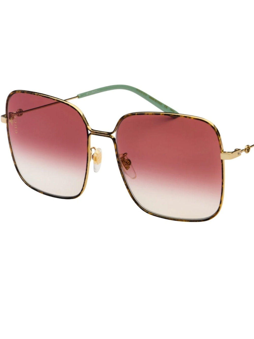 Gucci Gold Frame Sunglasses with burgundy Gradient Lenses and Green Temples